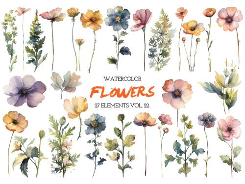 Watercolor painted flowers. Hand drawn flower design elements isolated on white background. 646515861