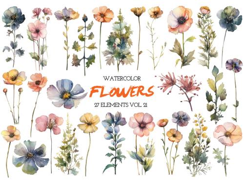 Watercolor painted flowers. Hand drawn flower design elements isolated on white background. 646515844