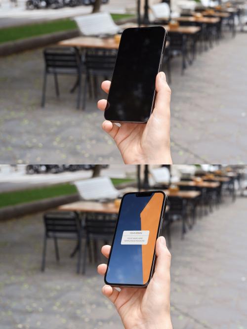 Mockup of person holding smartphone with customizable screen in city 649151052