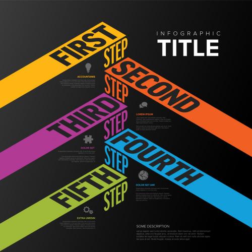 Infogrpahic dark diagonal stripes five steps diagram template for workflow, business schema or procedure diagram 650111961