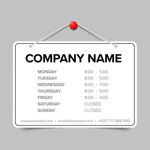 Shop opening time hours vector template on white sign board 650111931