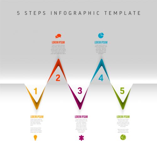 Five horizontal color corner steps elements template with icons 650111902