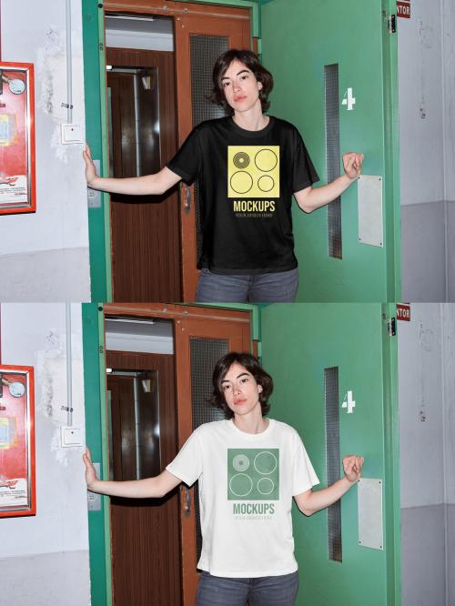 Mockup of woman wearing t-shirt with customizable color in doorway, camera flash 649147405