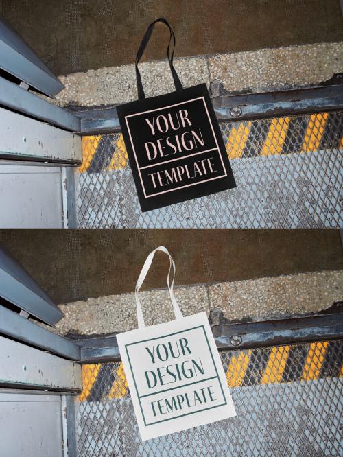 Mockup of customizable tote bag lying on industrial elevator floor, camera flash 649146788