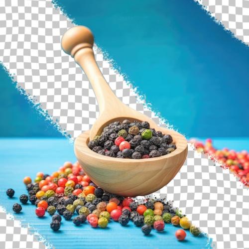 Premium PSD | Peppercorns on blue table with wooden scoop Premium PSD