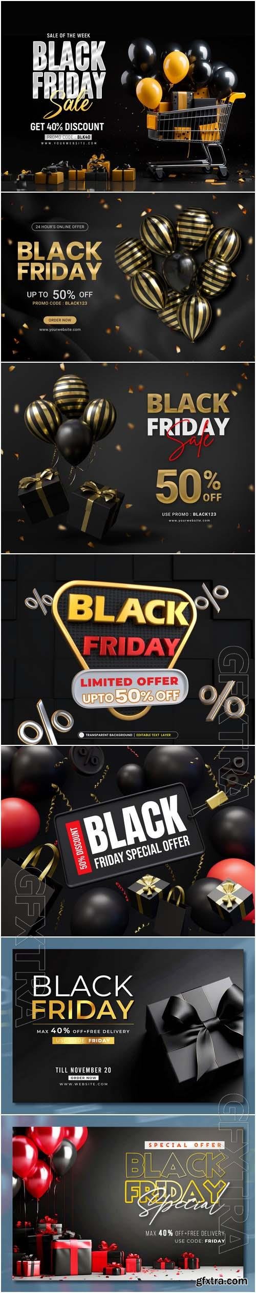 Black friday sale banner with realistic 3d gifts and balloons in psd vol 6