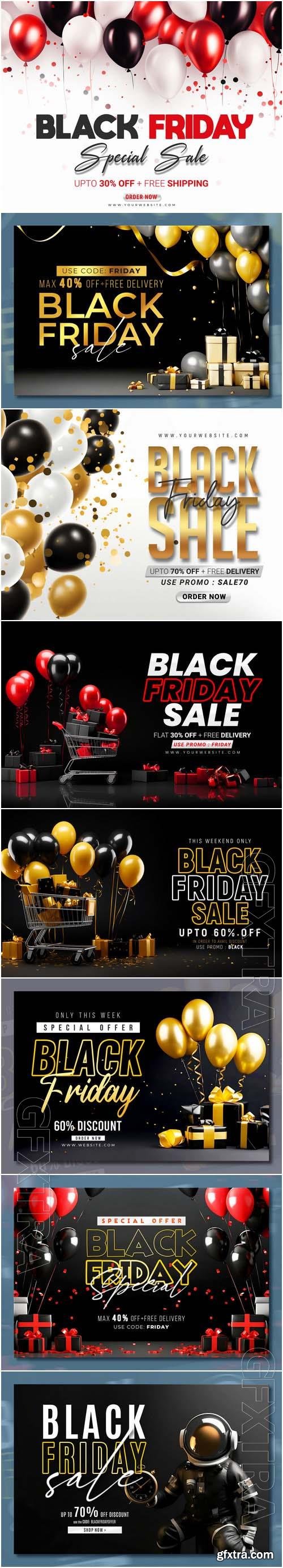 Black friday sale banner with realistic 3d gifts and balloons in psd vol 3