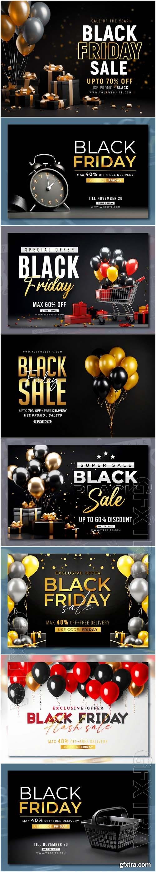 Black friday sale banner with realistic 3d gifts and balloons in psd vol 4