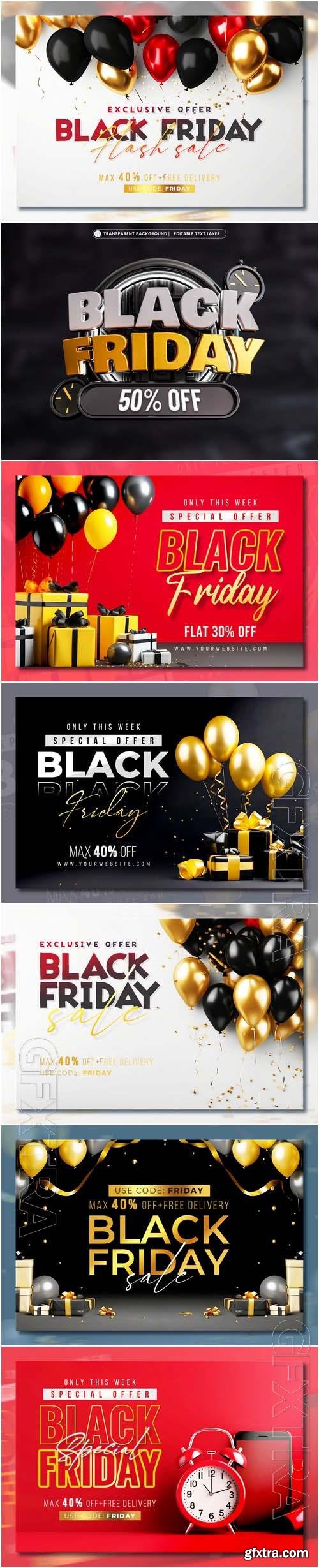 Black friday sale banner with realistic 3d gifts and balloons in psd vol 7