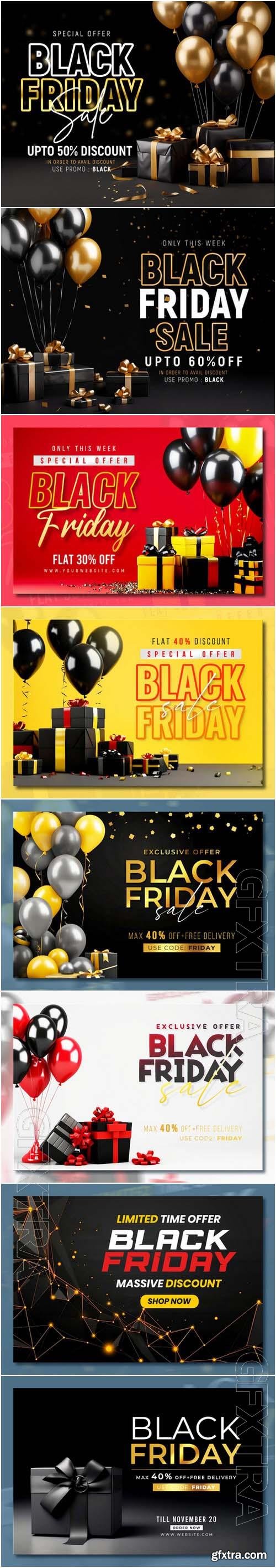 Black friday sale banner with realistic 3d gifts and balloons in psd vol 1