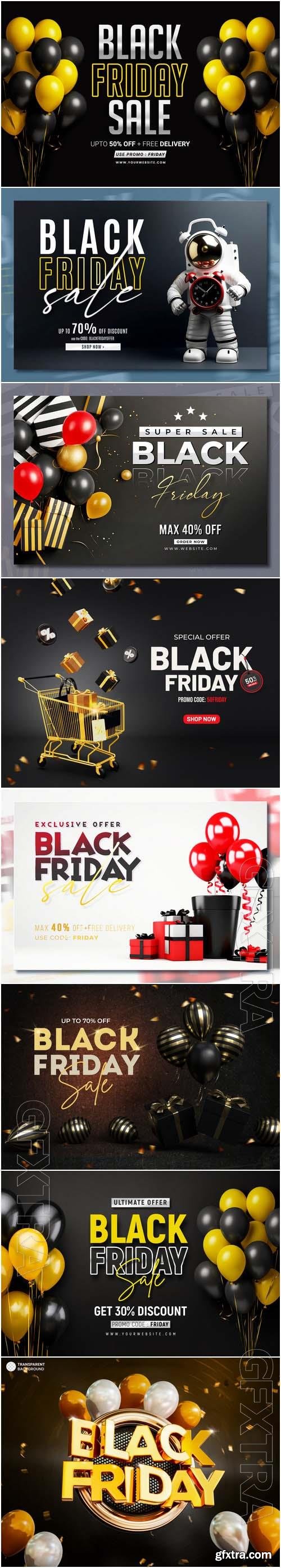 Black friday sale banner with realistic 3d gifts and balloons in psd vol 2