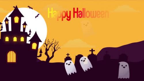 Videohive - Happy Halloween Ghosts, Bats Flying Air Background On Yellow - 48055683 - 48055683