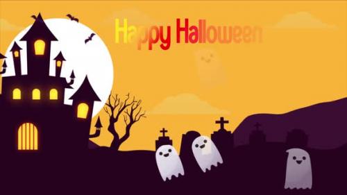 Videohive - Happy Halloween Ghosts, Bats Flying Air Background On Yellow 4K - 48055685 - 48055685