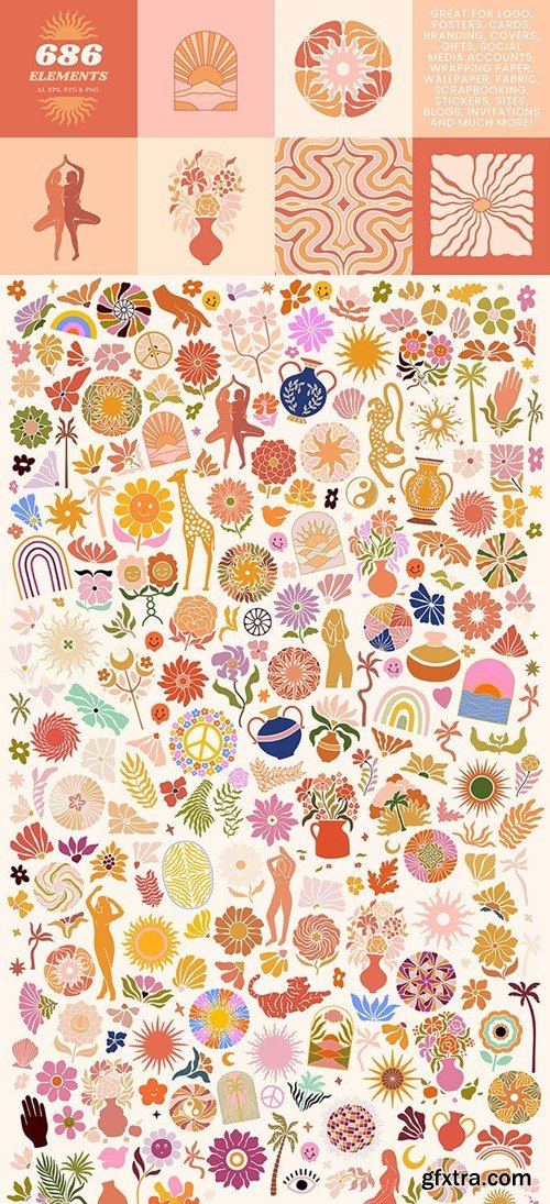 Groovy Boho Posters Patterns Flower 70s TWFBBSJ