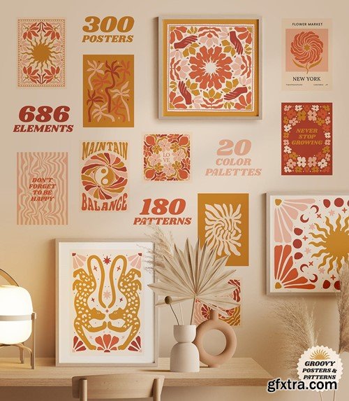 Groovy Boho Posters Patterns Flower 70s TWFBBSJ