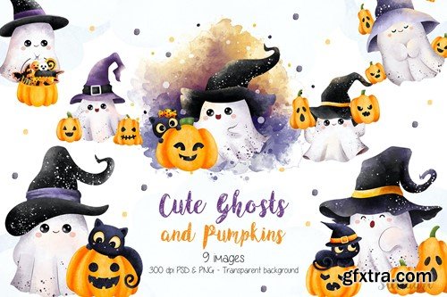 Little Ghosts with Pumpkins and Black Cat Clipart PFDDYHF