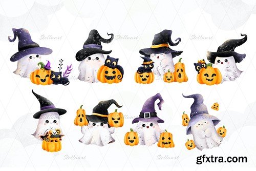 Little Ghosts with Pumpkins and Black Cat Clipart PFDDYHF