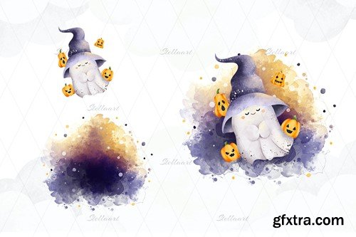 Little Ghosts with Pumpkins and Black Cat Clipart PFDDYHF