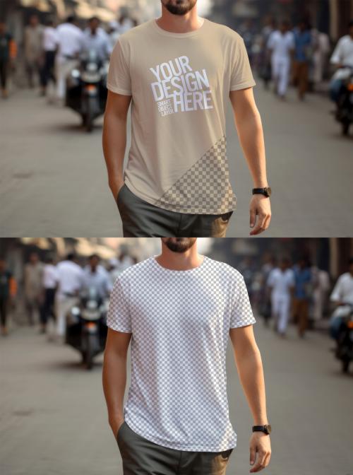 Mock up of a men wearing a white Tshirt with Generative AI 647961362