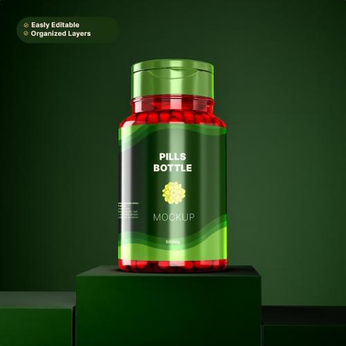 Premium PSD | A green capsules bottle mockup on top of a green box Premium PSD