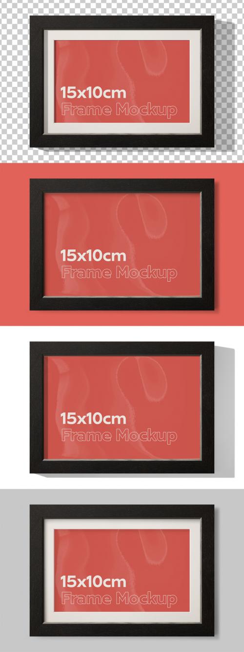 Mockup of horizontal black wood frame 10 x 15 cm with customizable background, mount and shadows 646711435