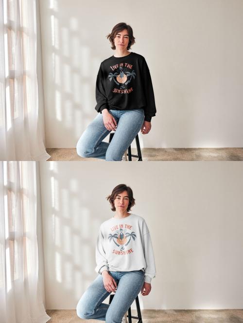 Mockup of woman wearing sweatshirt with customizable color sitting on stool, front view 646710863