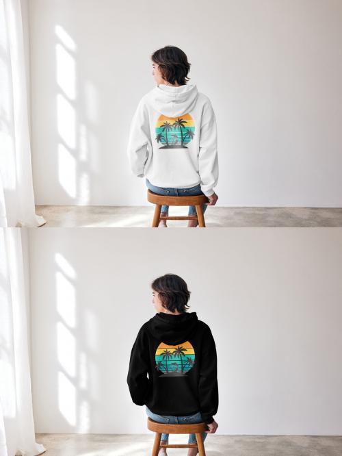 Mockup of woman wearing hoodie with customizable color sitting on stool, rear view 646710528