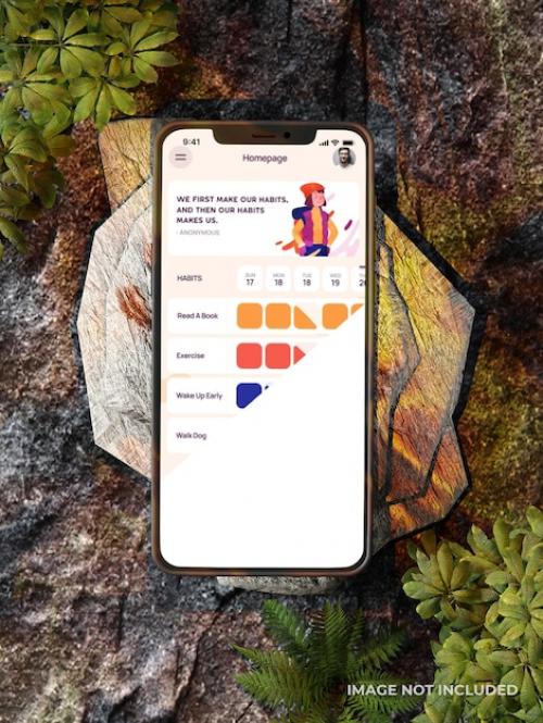 Premium PSD | Smartphone mockup on a rock background with plants Premium PSD