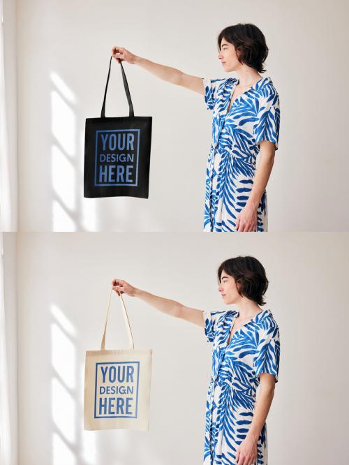 Mockup of woman holding customizable tote bag with arm out 646708625