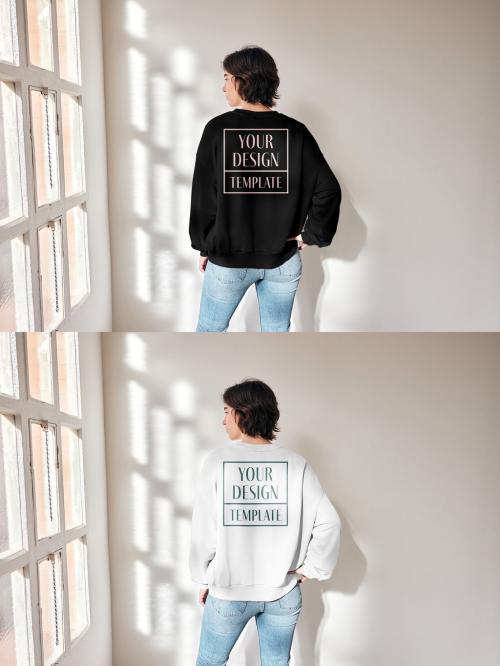 Mockup of woman wearing sweatshirt with customizable color, rear view 646705640