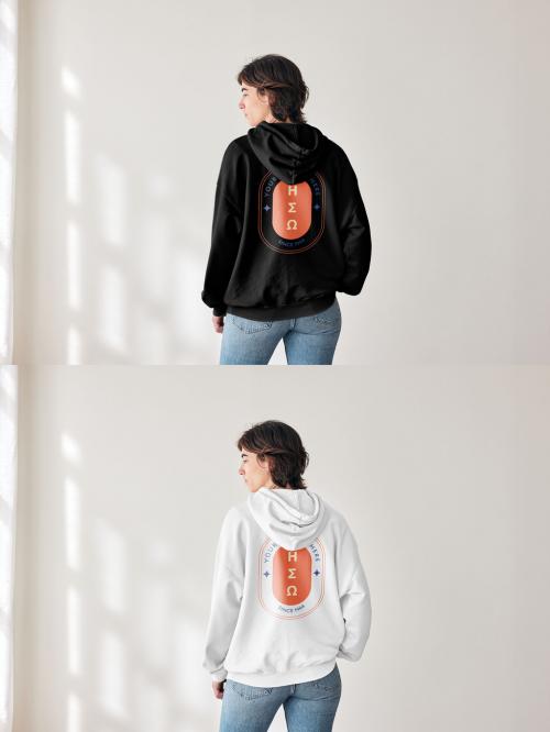Mockup of woman wearing hoodie with customizable color, rear view 646705358