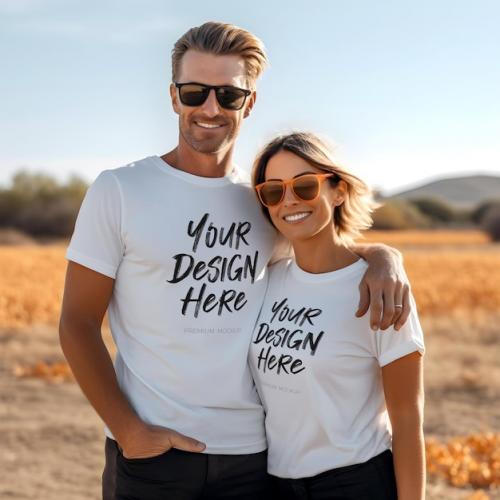 Premium PSD | Hello fall happy couple white t shirt mock up Premium PSD