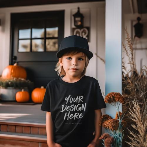 Premium PSD | Trick or treat halloween black tshirt mockup for a little boy costume Premium PSD