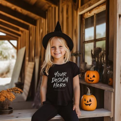 Premium PSD | Trick or treat halloween black tshirt mockup for a little girl witch costume Premium PSD