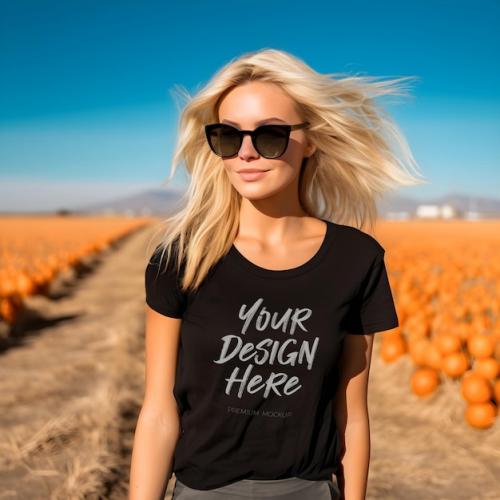 Premium PSD | Autumnal elegance halloweeninspired black tshirt mockup with a modern blonde woman Premium PSD