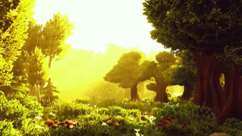 Videohive - Cartoon Wooded Forest Trees Backlit By Golden Sunlight - 48099982 - 48099982
