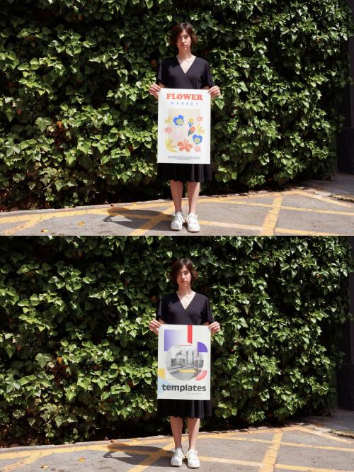 Mockup of woman holding customizable A2 vertical poster by hedge 646704416