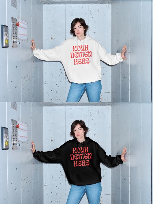 Mockup of woman wearing sweatshirt with customizable color in elevator with camera flash 646703467