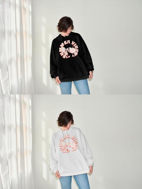 Mockup of woman wearing sweatshirt with customizable color with camera flash 646703025