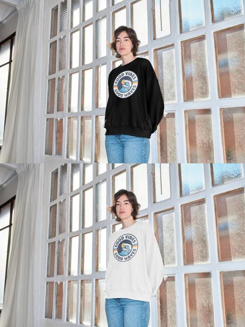 Mockup of woman wearing sweatshirt with customizable color by window with camera flash 646702978