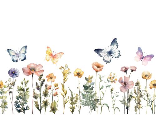 Vector watercolor painted meadow flowers. Horizontal seamless pattern isolated on white background 646950080