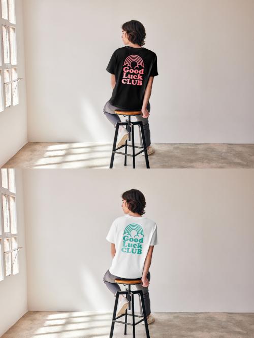 Mockup of woman wearing customizable color t-shirt sitting on stool, rear view 646702503