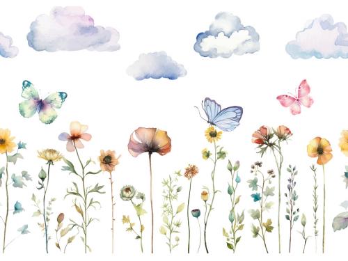 Vector watercolor painted meadow flowers. Horizontal seamless pattern isolated on white background 646949925