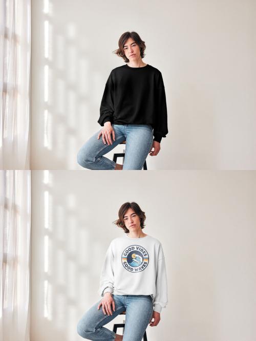 Mockup of woman sitting on stool wearing sweatshirt with customizable color 646701592