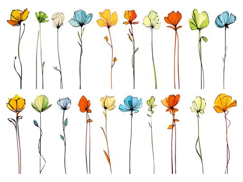 Abstract vector illustration of meadow flowers. Freehand ink and color style. Design elements isolated on white background. 646949843