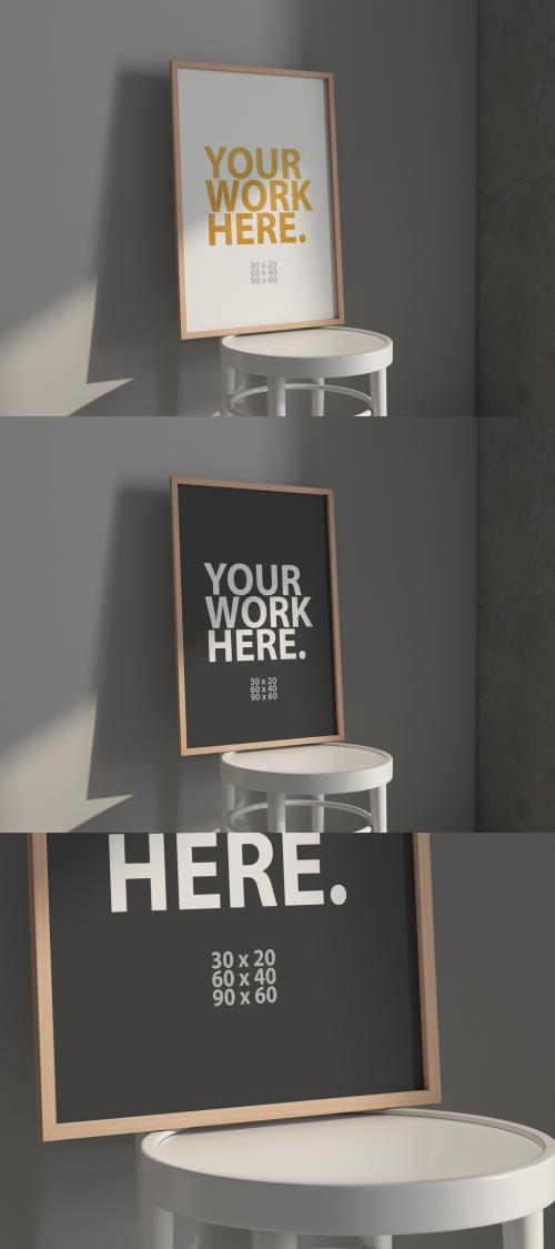Vertical wooden poster Frame Mockup on white wooden chair 646334406