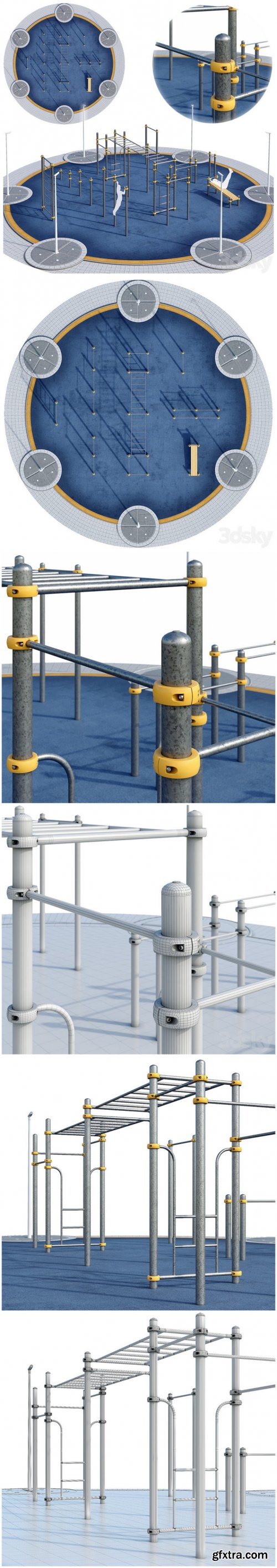 Round sports ground with horizontal bars. Children playground