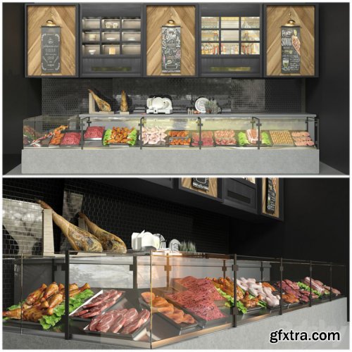 Showcase in a supermarket with semi-finished products and meat. Food