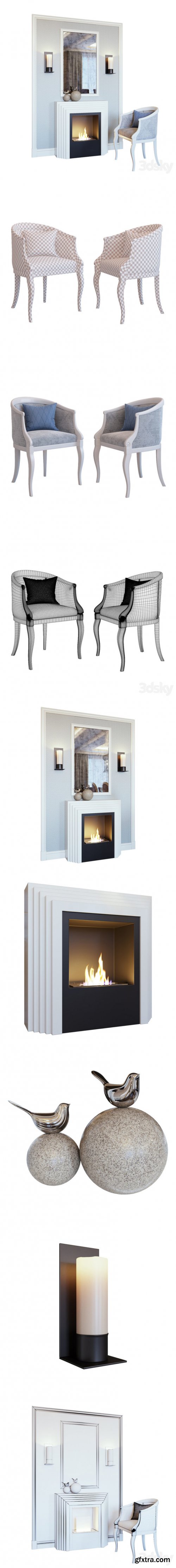 Fireplace, sconce, mirror, panel, decor and armchair