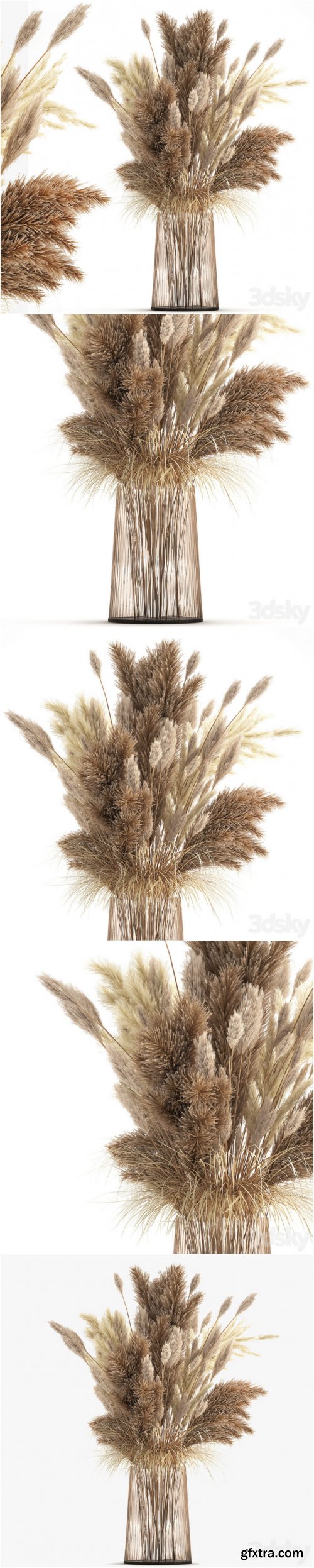 Beautiful lush bouquet of dried flowers in a vase with dry branches of pampas